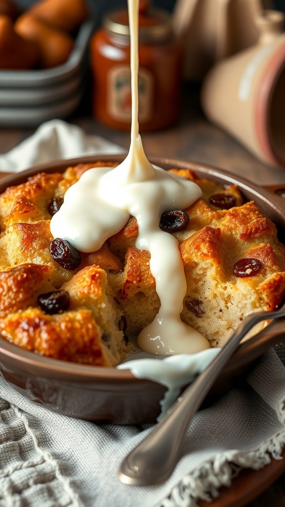 A warm slice of Dutch bread pudding with raisins, drizzled with cream, in a rustic dish.